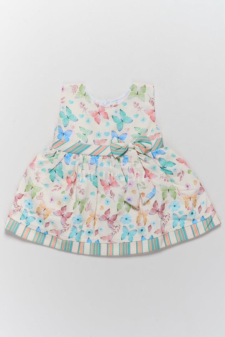 Baby Polysilk Cotton Frock Dress with Butterfly Prints and Striped Bow Accent