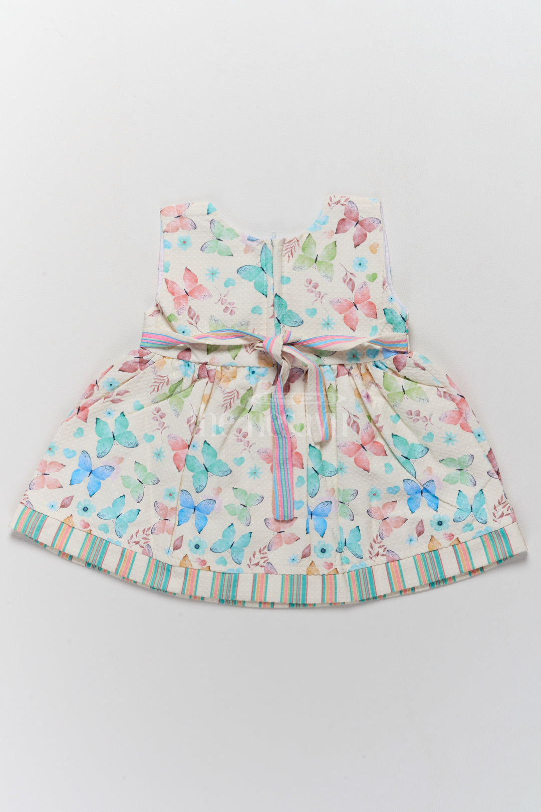 Baby Polysilk Cotton Frock Dress with Butterfly Prints and Striped Bow Accent