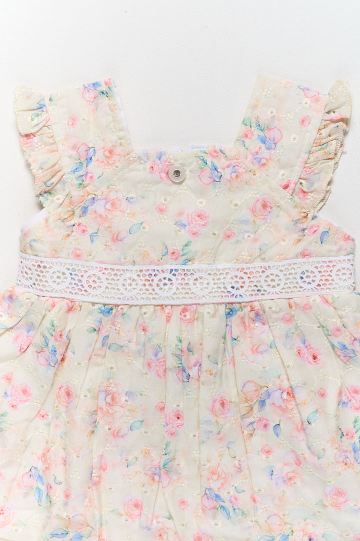 Baby Hakoba Cotton Frock with Pastel Floral Patterns and Lace Waist