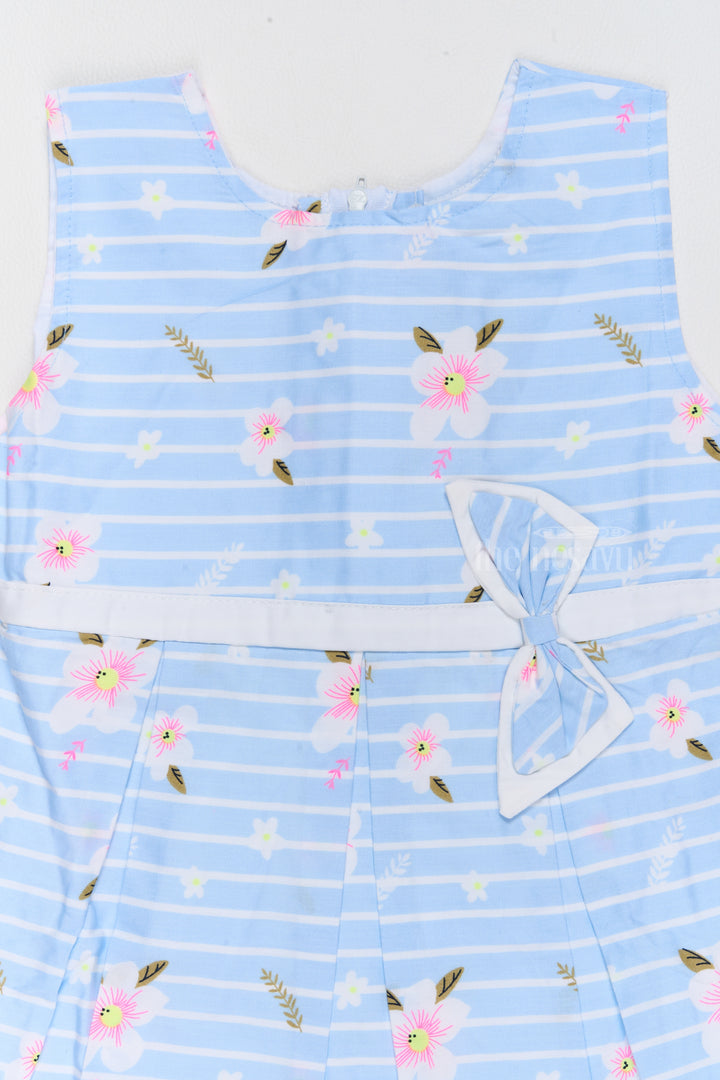 Soft Cotton Dress for Baby Girls with Blue Stripes and Floral Details