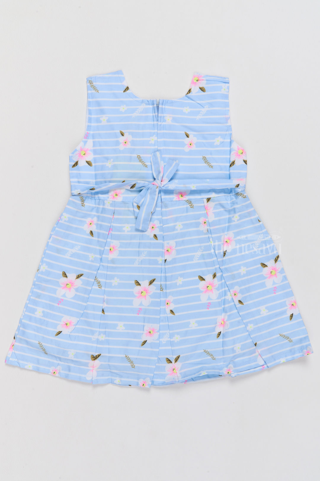 Soft Cotton Dress for Baby Girls with Blue Stripes and Floral Details