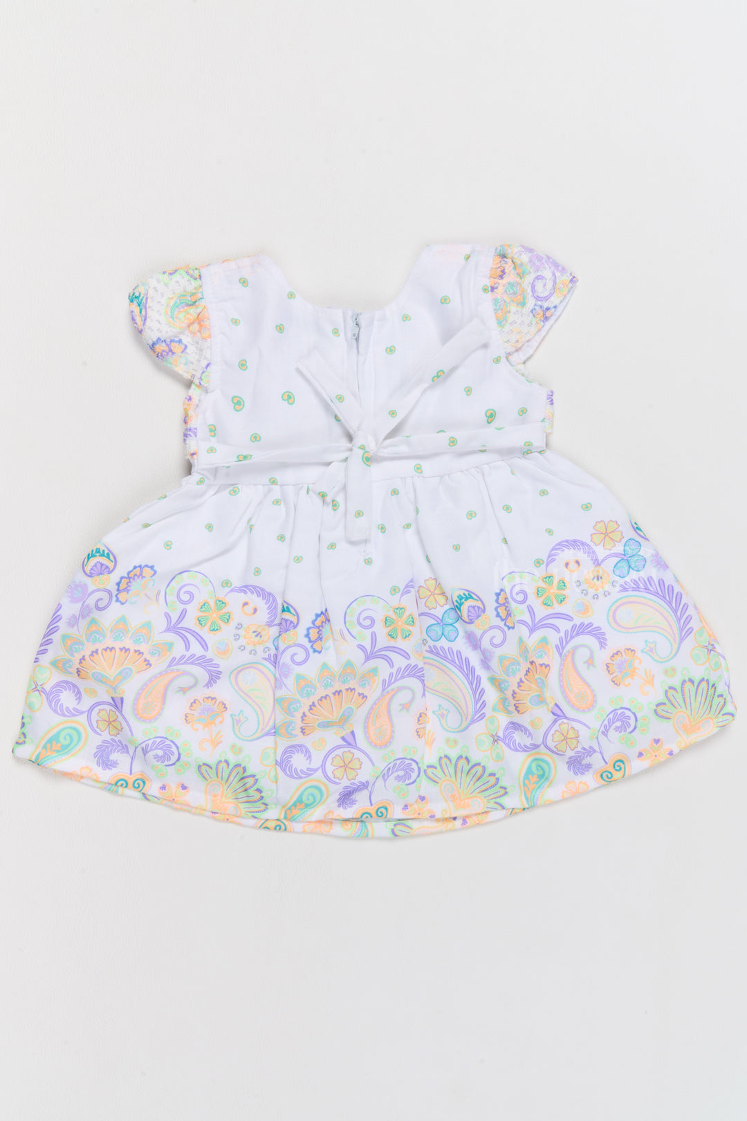 Cotton Knee-Length Frock for Girls with Paisley Prints and Charming Bow