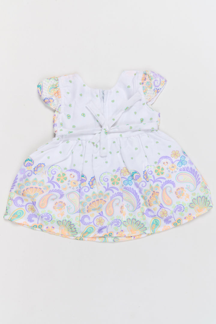 Cotton Knee-Length Frock for Girls with Paisley Prints and Charming Bow