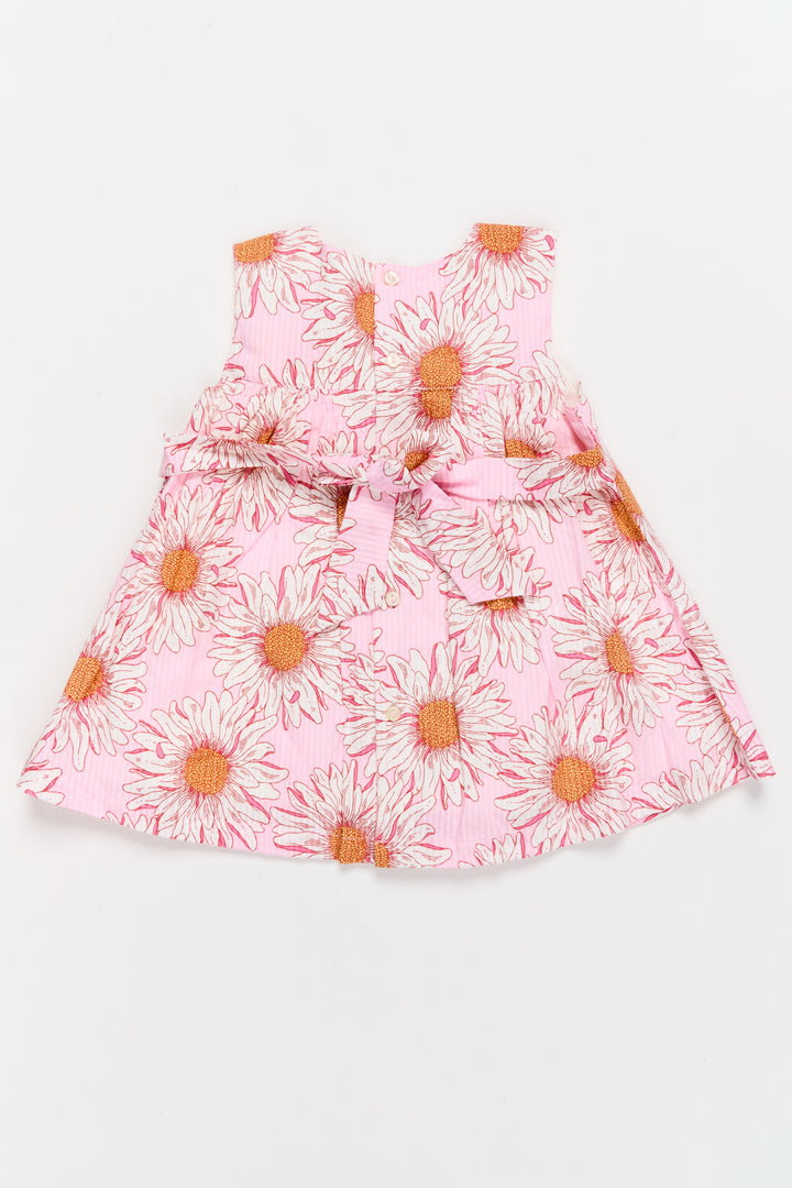 Soft Baby Dress for Girls with Pink Daisy Print and Bow Accent