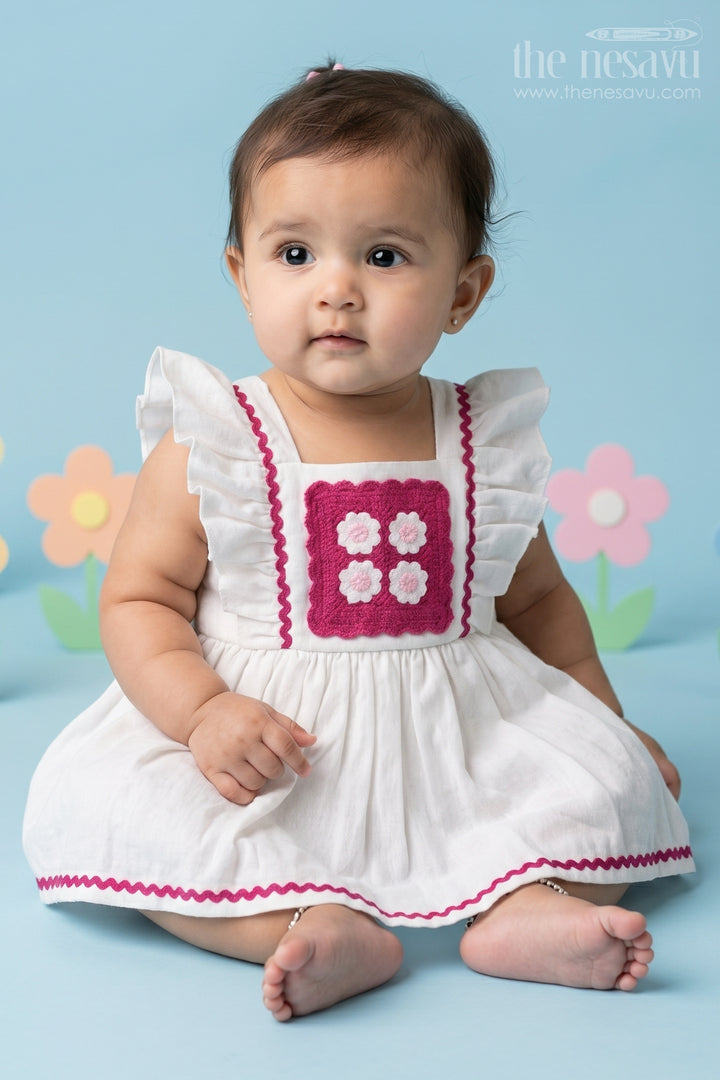 Baby Girls Frock Suit White with Embroidered Bodice and Flowy Rayon Skirt for a Classic Look