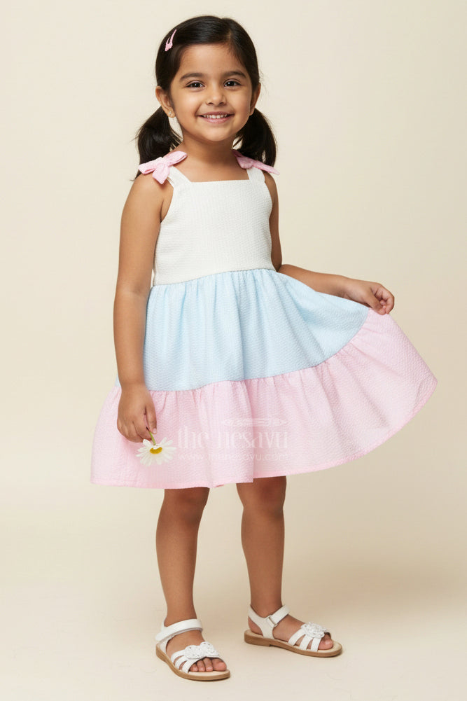 Frock for Infants Tiered Cotton Sleeveless Dress in Pastel Color Blocks with Bow Accents
