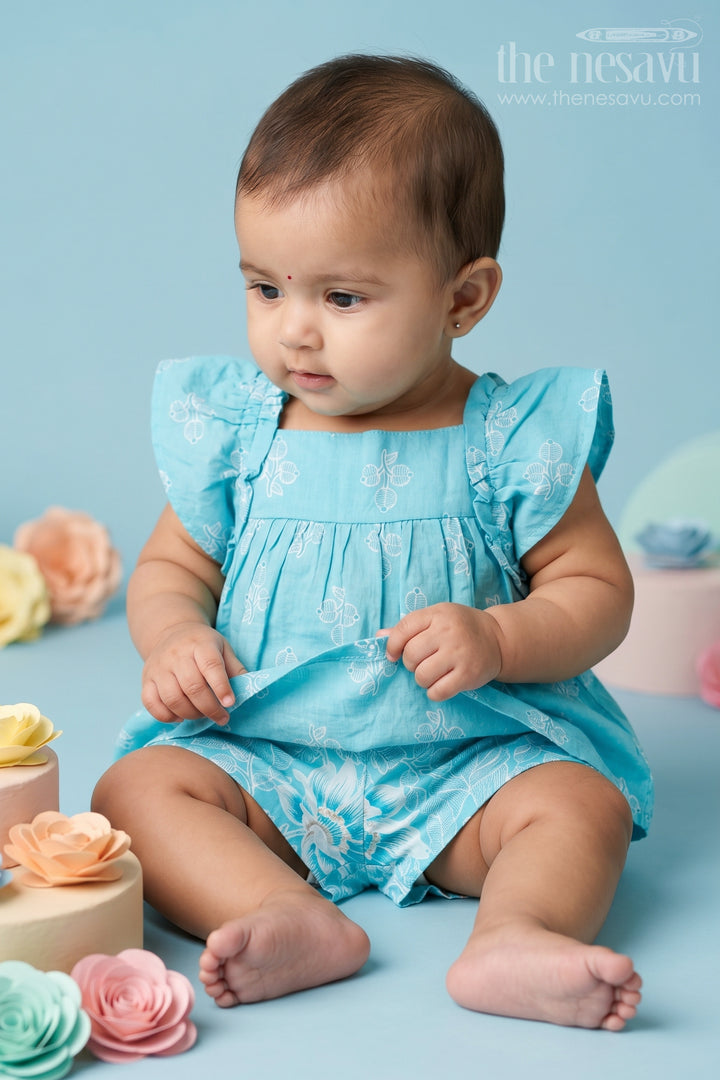 Girls Designer Infant Clothes in Blue Cotton with Paisley Digital Print Sleeveless Top and Shorts Set