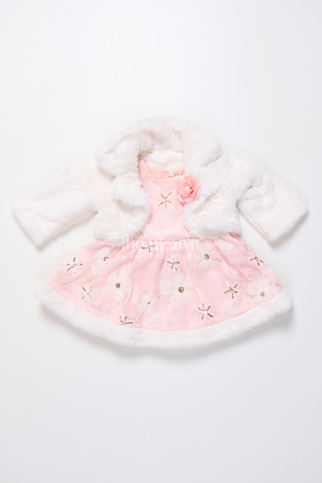 Baby girl chiffon embroidered frock with fur jacket for winter functions