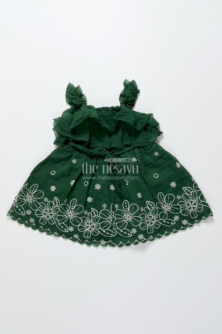 Temple Visit Baby Frock in Traditional Green with Soft Cotton Fabric and Intricate Floral Lace Accents