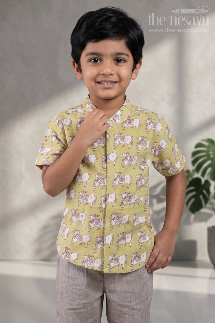 Boys Green Pitchwai Cow Printed Casual Cotton Shirt By The Nesavu