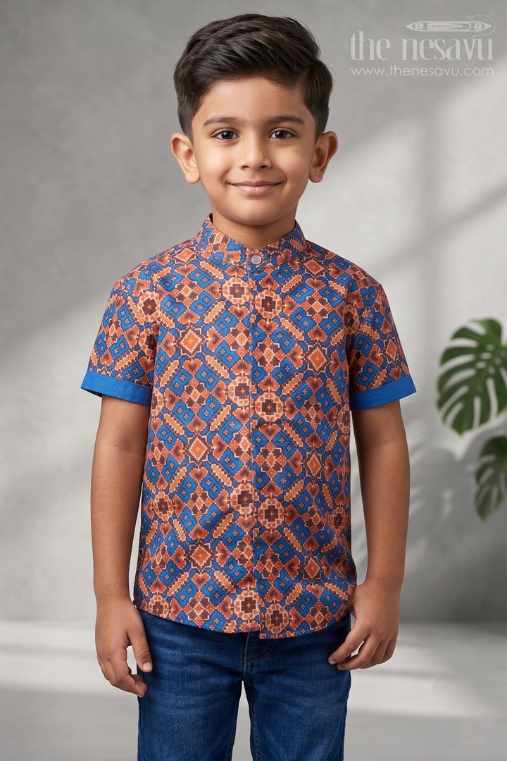 Stylish Royal Blue Silk Shirt for Boys with Ajrakh Print