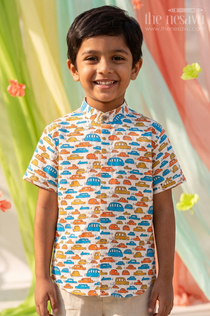Boys Multicolor Cotton Shirt with Playful Car Print and Relaxed Fit for Casual Outings