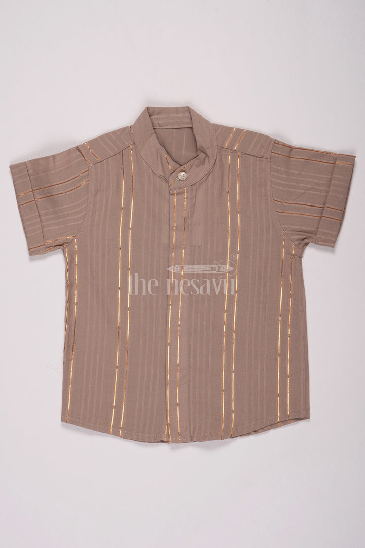 Boys Beige Cotton Shirt with Subtle Golden Stripes for Christmas Celebrations