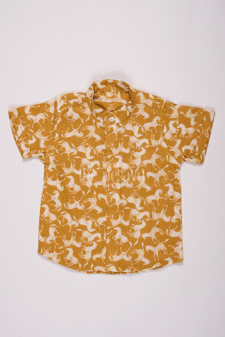 Boys Mustard Muslin Cotton Shirt with White Horse Print for Christmas