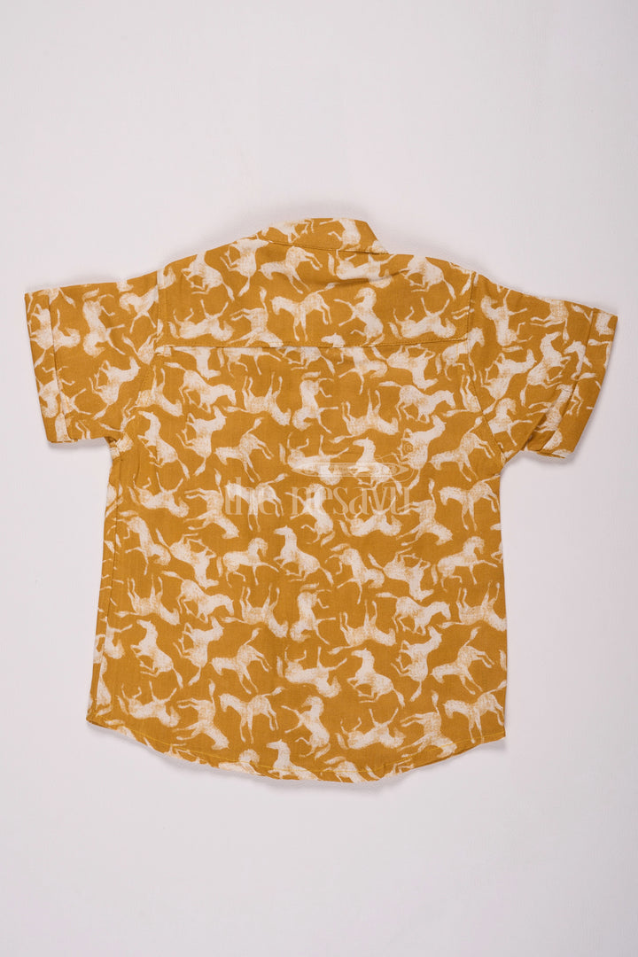 Boys Mustard Muslin Cotton Shirt with White Horse Print for Christmas