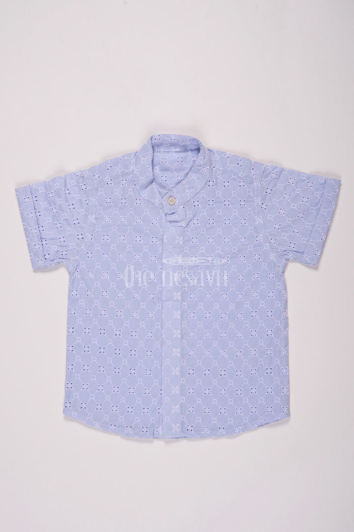 Boys Powder Blue Cotton Hakoba Shirt with Embroidered Detailing for Christmas