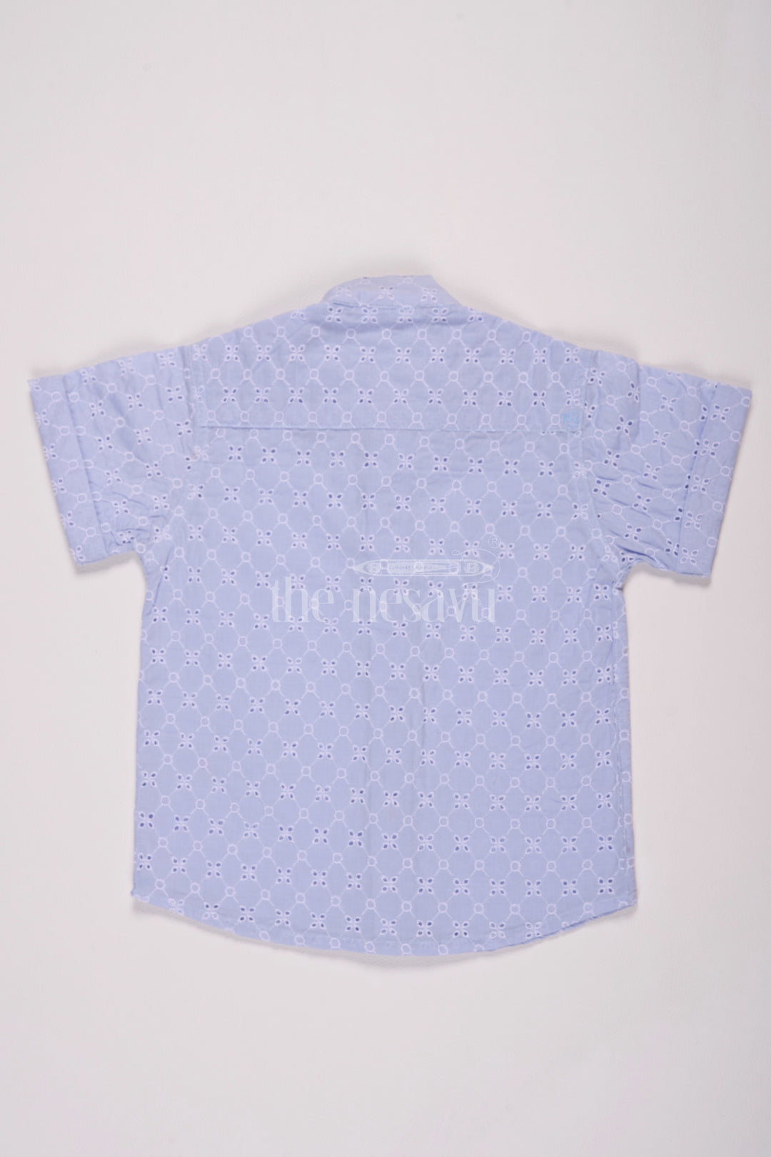 Boys Powder Blue Cotton Hakoba Shirt with Embroidered Detailing for Christmas