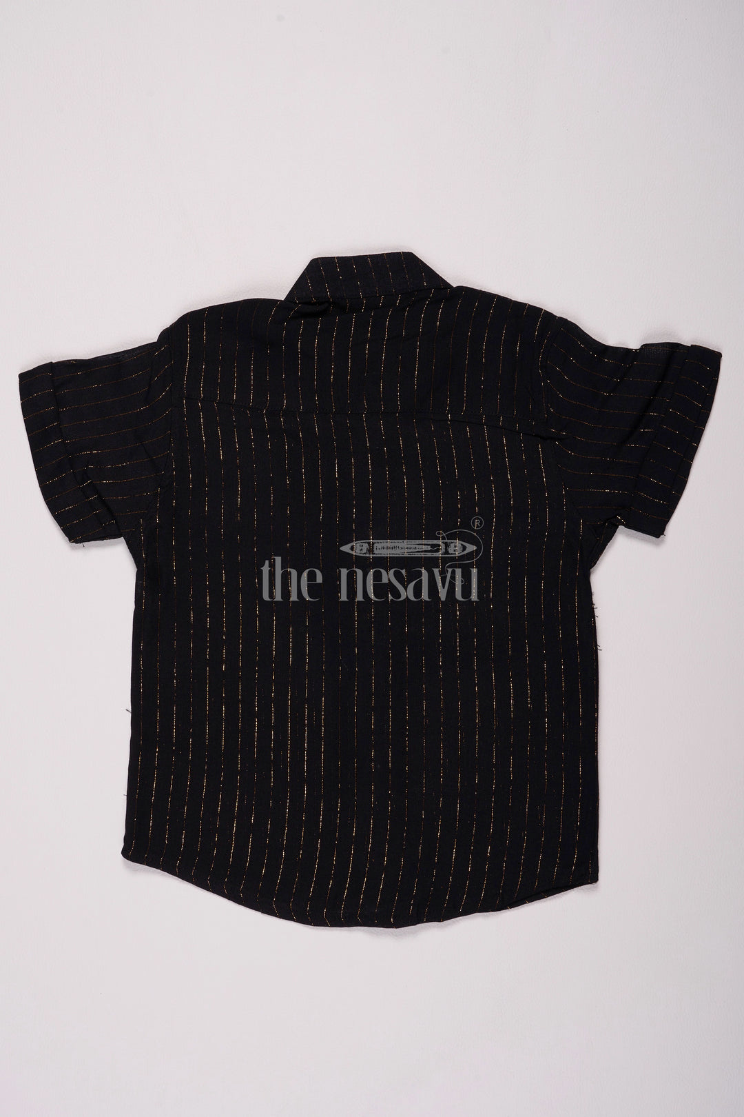 Boys Black Lurex Zari Cotton Shirt with Festive Gold Stripes