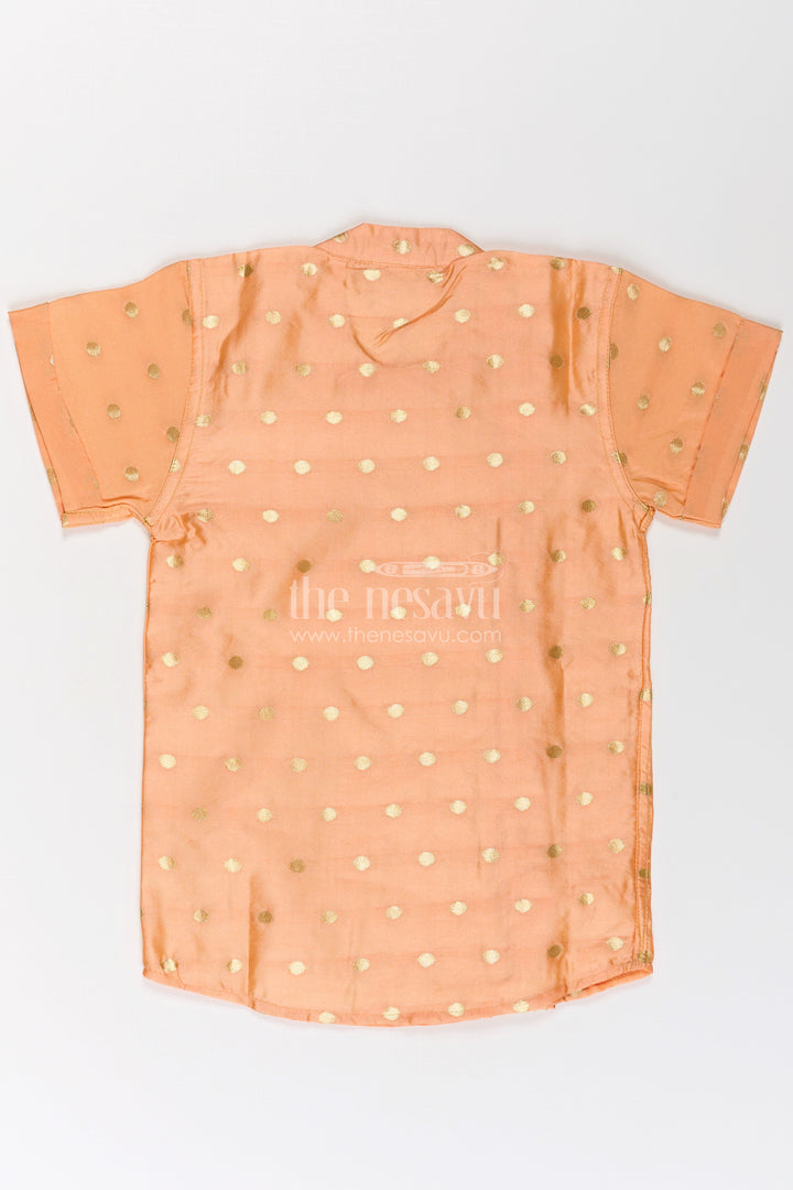 Boys silk dress shirt in Banaras Designer Fabric with Subtle Zari Motif and Embroidered Trim