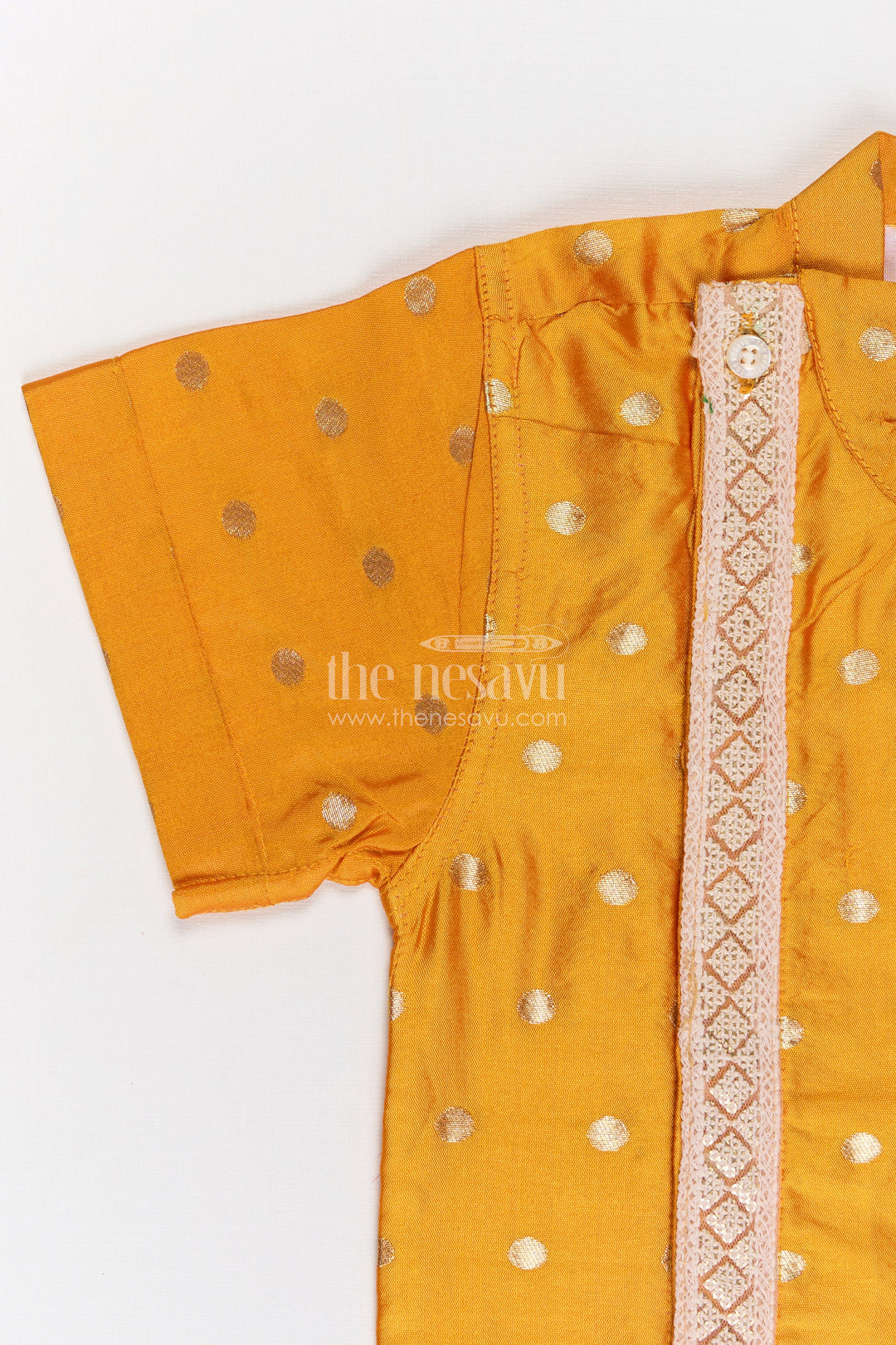 Boys Traditional Banaras Silk Dress and Shirt with Geometric Embellishments in Mustard Yellow