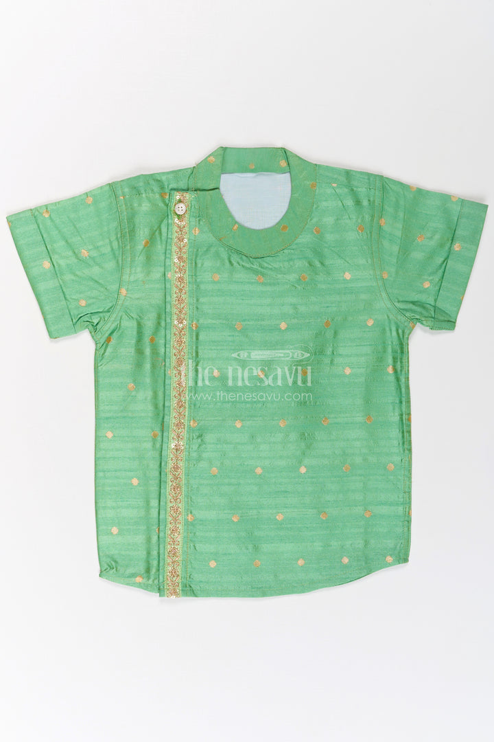 Boys Light Green Banaras Silk Shirt with Subtle Golden Buttas and Traditional Zari Trim