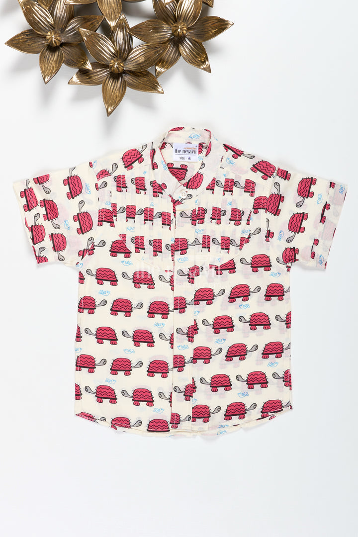 Boys Cotton Shirt With Pink Turtle Print Playful Ethnic Style