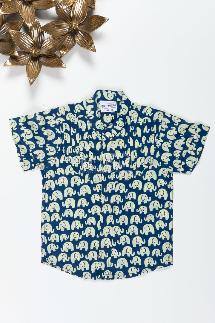 Boys Cotton Shirt With Elephant Block Print For Casual And Festive Wear