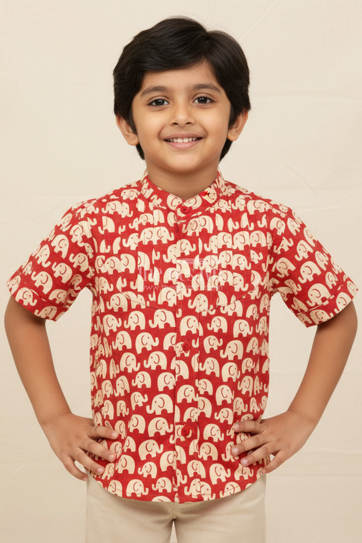 Boys Red Cotton Shirt with Elephant Block Print for Festive Occasions