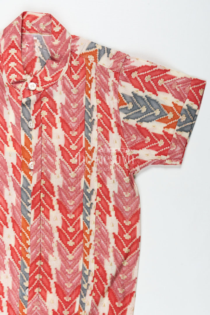 Festive Boys Shirt with Tribal Pattern in Warm Tones and Soft Modal Silk for a Vibrant Traditional Look