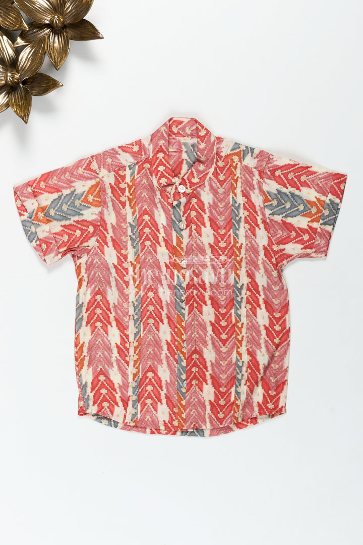 Festive Boys Shirt with Tribal Pattern in Warm Tones and Soft Modal Silk for a Vibrant Traditional Look