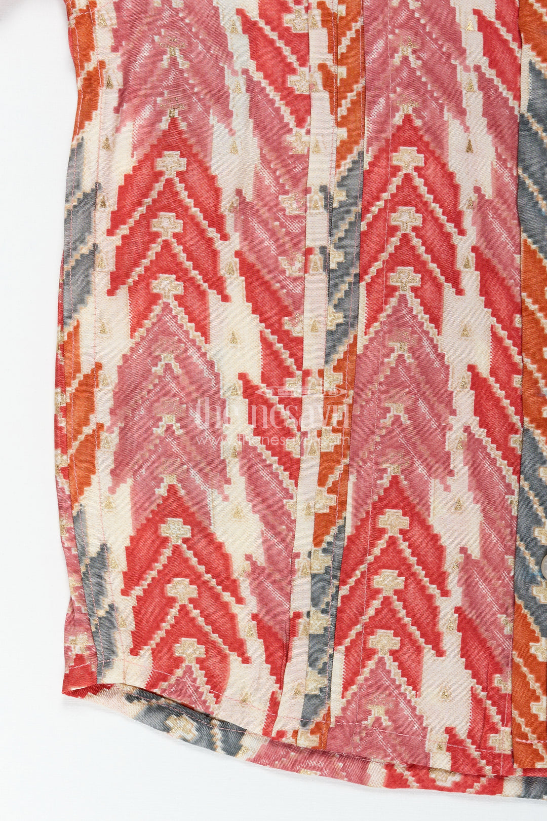 Festive Boys Shirt with Tribal Pattern in Warm Tones and Soft Modal Silk for a Vibrant Traditional Look