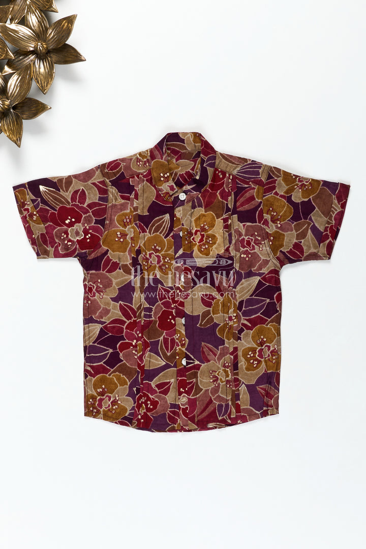 Comfortable Shirt for Toddler Boys with Floral Digital Print in Maroon and Mustard Tones for Everyday Ease