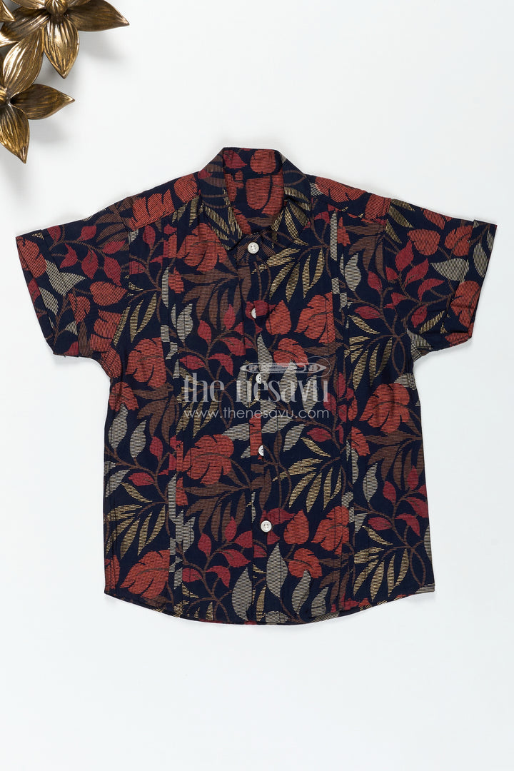 Boys Half Sleeve Shirt for Cultural Events with Earthy Leaf Print in Soft Modal Silk Fabric
