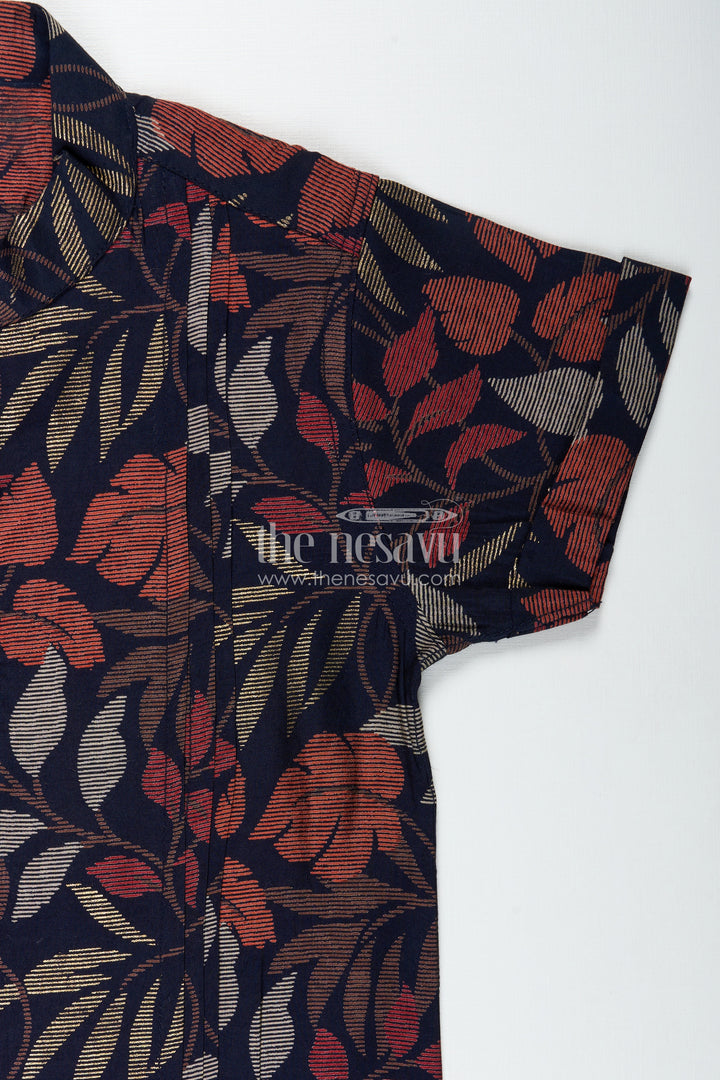 Boys Half Sleeve Shirt for Cultural Events with Earthy Leaf Print in Soft Modal Silk Fabric