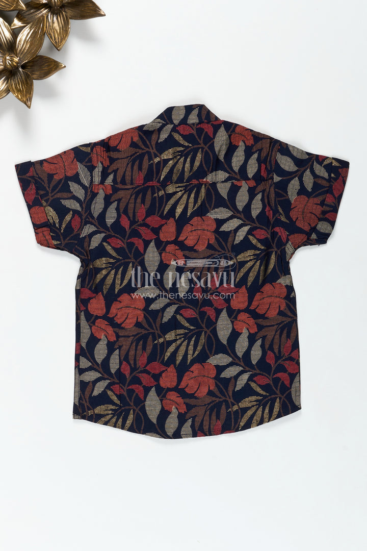 Boys Half Sleeve Shirt for Cultural Events with Earthy Leaf Print in Soft Modal Silk Fabric