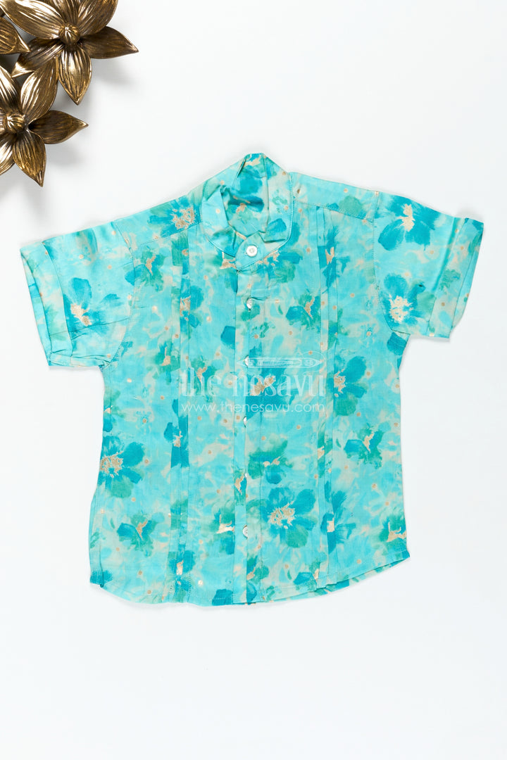 Green Cotton Shirt for Boys in Moadal Silk with Digital Watercolor Print and Soft Mandarin Collar