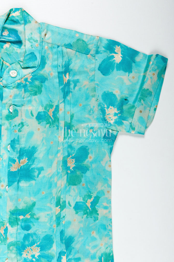 Green Cotton Shirt for Boys in Moadal Silk with Digital Watercolor Print and Soft Mandarin Collar