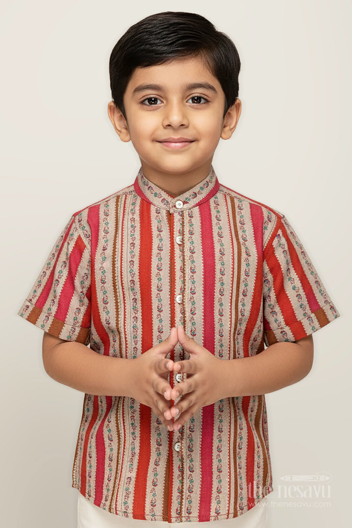 Toddler Boys Casual Ethnic Wear Shirt in Warm Stripes with Floral Digital Motifs On Chanderi Fabric