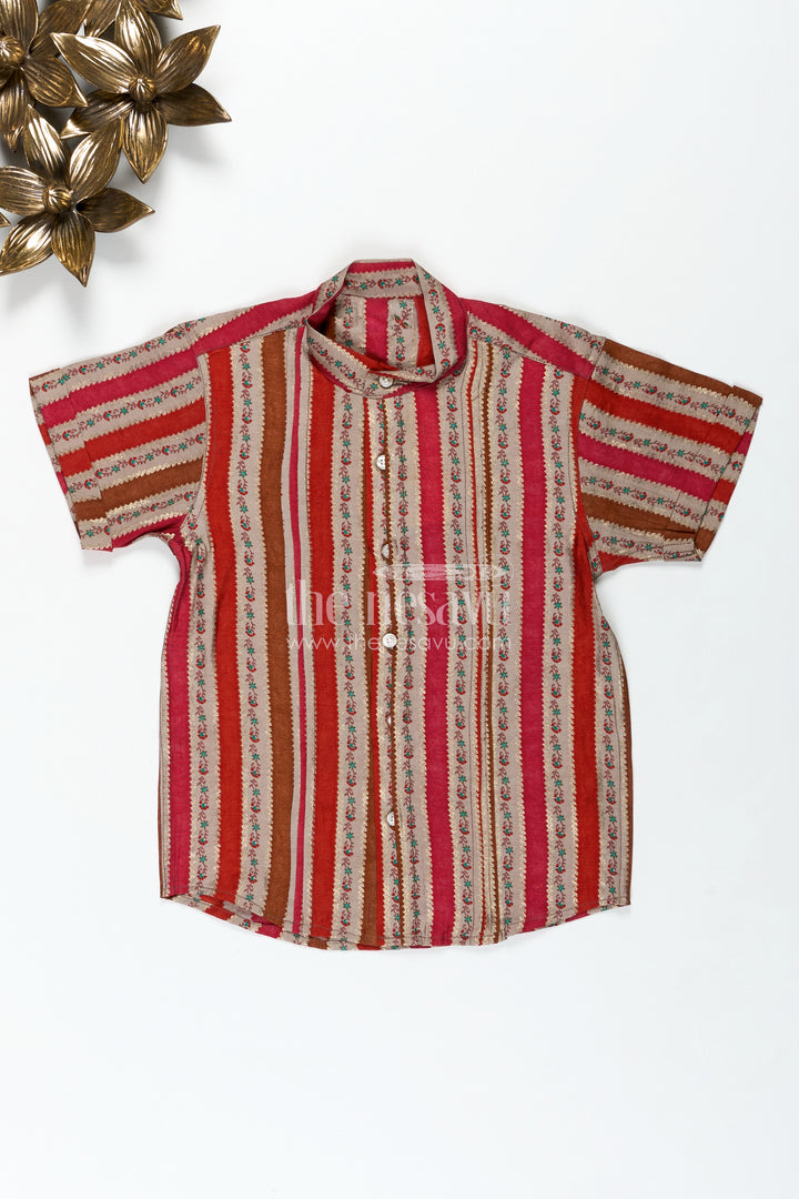 Toddler Boys Casual Ethnic Wear Shirt in Warm Stripes with Floral Digital Motifs on Chanderi Fabric