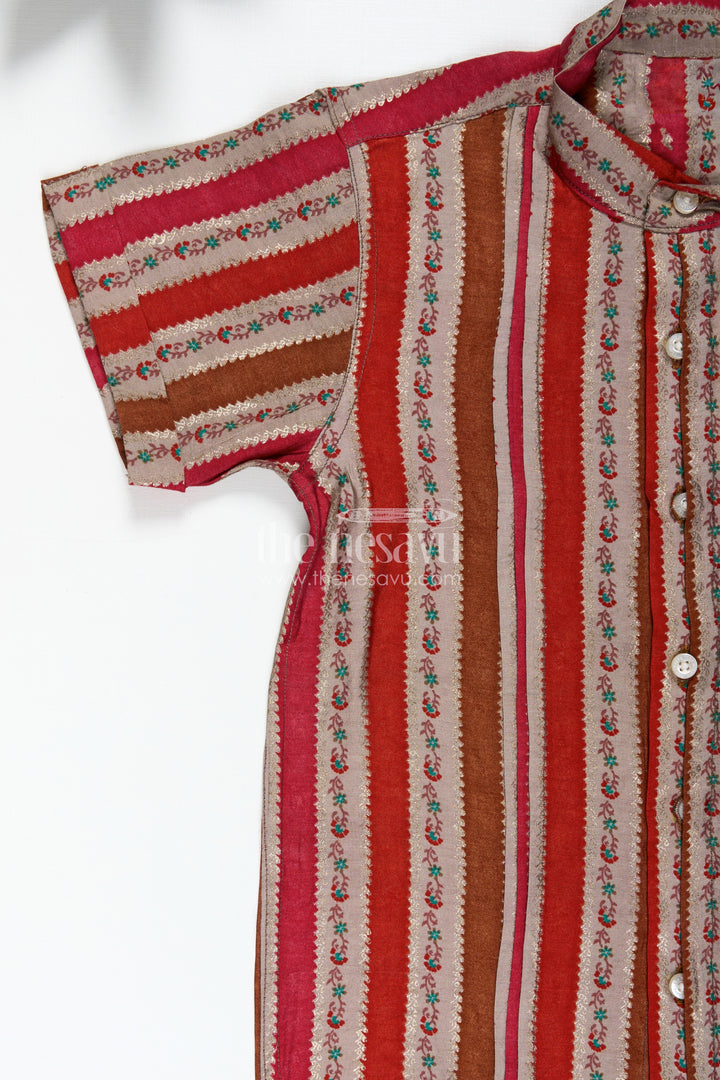 Toddler Boys Casual Ethnic Wear Shirt in Warm Stripes with Floral Digital Motifs on Chanderi Fabric