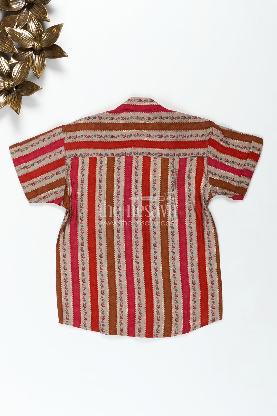 Toddler Boys Casual Ethnic Wear Shirt in Warm Stripes with Floral Digital Motifs on Chanderi Fabric