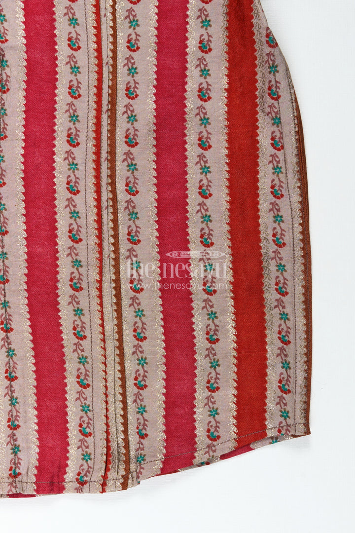 Toddler Boys Casual Ethnic Wear Shirt in Warm Stripes with Floral Digital Motifs on Chanderi Fabric