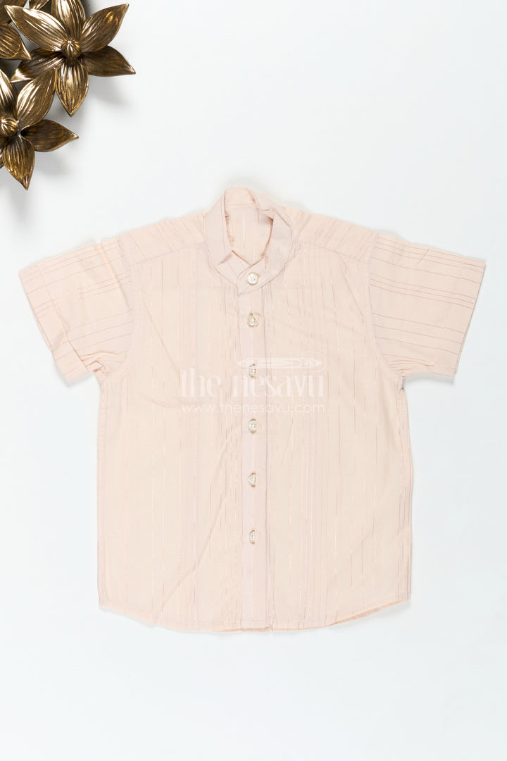 Boys Simple Cotton Shirt for Temple Visits with Beige Striped Print and Mandarin Collar in Soft Fabric