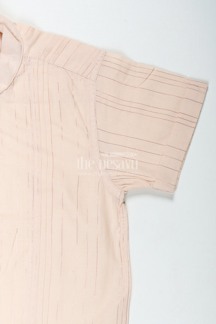 Boys Simple Cotton Shirt for Temple Visits with Beige Striped Print and Mandarin Collar in Soft Fabric