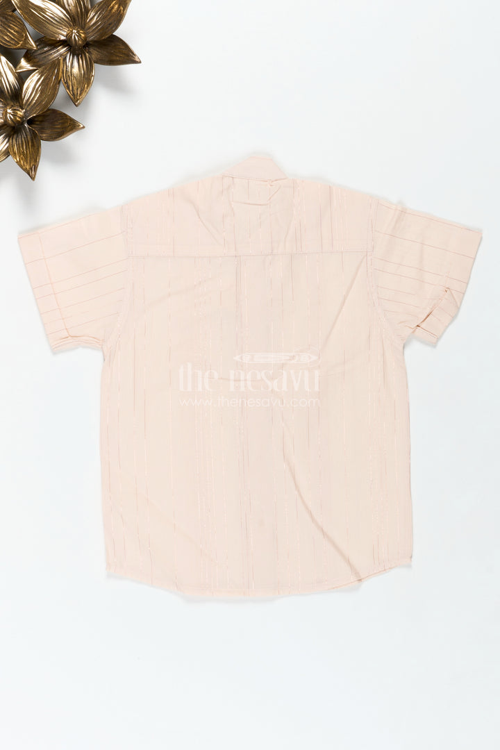 Boys Simple Cotton Shirt for Temple Visits with Beige Striped Print and Mandarin Collar in Soft Fabric
