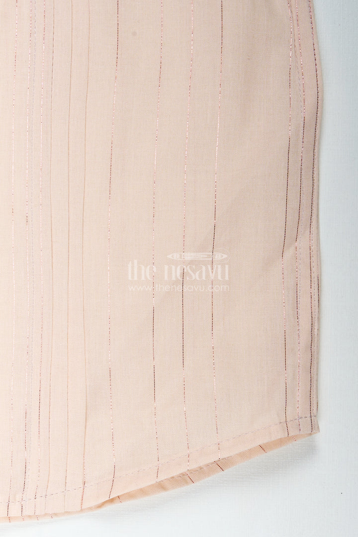 Boys Simple Cotton Shirt for Temple Visits with Beige Striped Print and Mandarin Collar in Soft Fabric