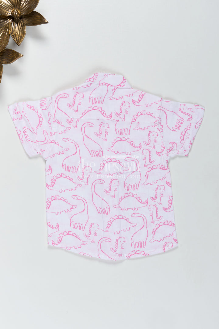 Pink Dinosaur Print Boys Shirt In Soft Muslin Cotton Birthday Special