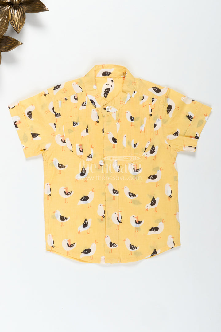 Yellow Bird Print Boys Cotton Shirt With Mandarin Collar Lightweight & Stylish