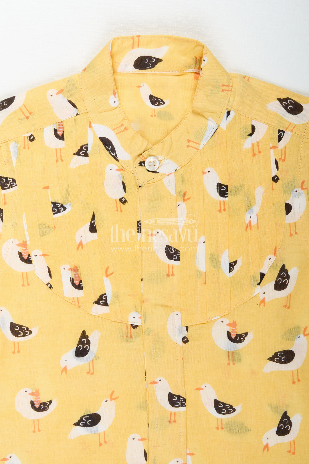Yellow Bird Print Boys Cotton Shirt With Mandarin Collar Lightweight & Stylish