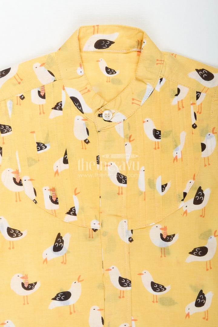 Yellow Bird Print Boys Cotton Shirt With Mandarin Collar Lightweight & Stylish